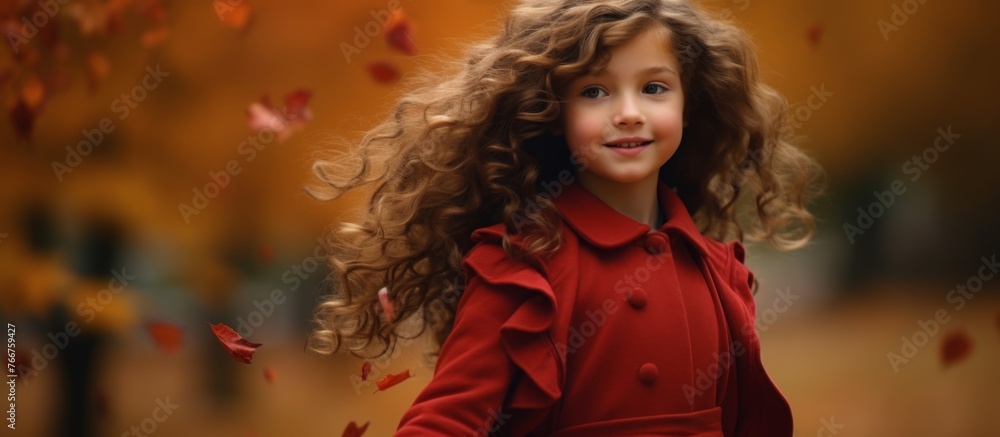 Wall mural a happy toddler with curly hair and a big smile is wearing a red coat for a fun event. her cheeky gr