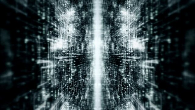 Immersive cyber space with captivating motion abstract matrix nexus particles forming a mesmerizing grid amidst futuristic wonders. Advanced data matrix simulation and interconnected networks