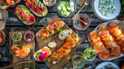 A picnic with a Scandinavian twist featuring openfaced smoked salmon sandwiches crispy herring and a variety of pickled vegetables.