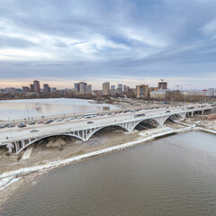 The spring river in the city is melting from ice. The ice on the river began to melt. Yekaterinburg, Russia