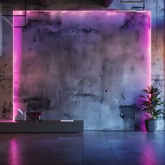 Minimalist Purple Neon-Lit Corporate Office Reception Area with Concrete Walls and Potted Plant
