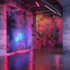 Vibrant Neon Futuristic Art Installation in Moody Urban Industrial Environment