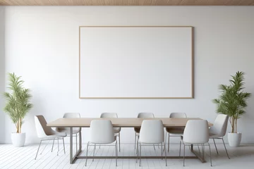 Fototapeten A professional meeting space featuring sleek and minimalistic design elements. The blank white empty frame on the wall serves as a platform for customization. © LOVE ALLAH LOVE
