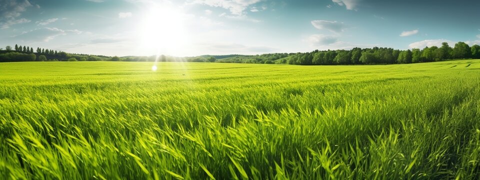 Green grass and flowers in sunny day. Panoramic background.