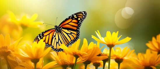 An insect, specifically a butterfly, is perched on a yellow flowering plant in a meadow. This pollinator is enjoying the nectar from the vibrant petals - obrazy, fototapety, plakaty