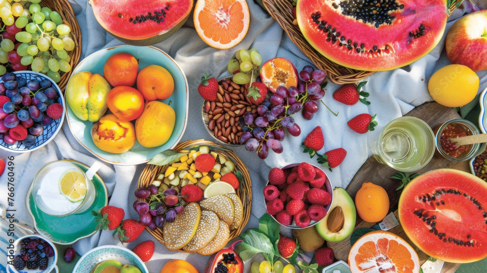 Poster a colorful array of exotic fruits and gourmet spreads make for an unexpectedly delightful morning pi