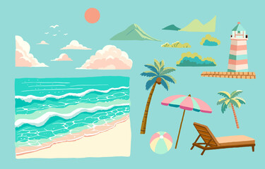 beach elements with sea,sand,sky.illustration vector for a4 page design - obrazy, fototapety, plakaty
