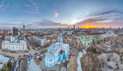 Spring or Autumn Yekaterinburg, Temple of the Ascension and Temple on Blood in beautiful clear sunset.