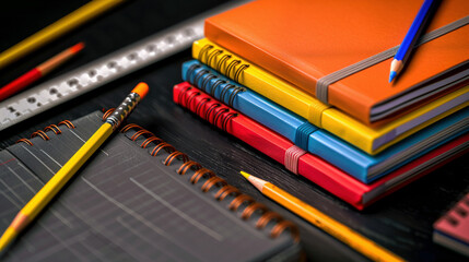Stack of Notebooks with Pencils and Rulers for Studying Preparation