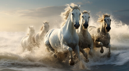 Brown, grey, black and white horses running on the water  beach , against the background soft sunset light.  - obrazy, fototapety, plakaty