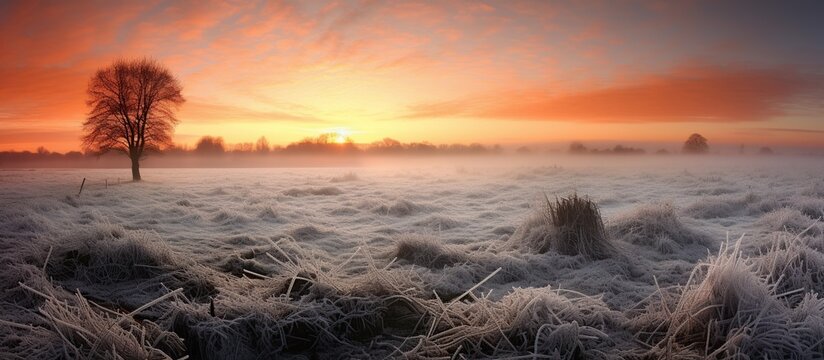 Frosty meadow at sunrise. Panoramic image.