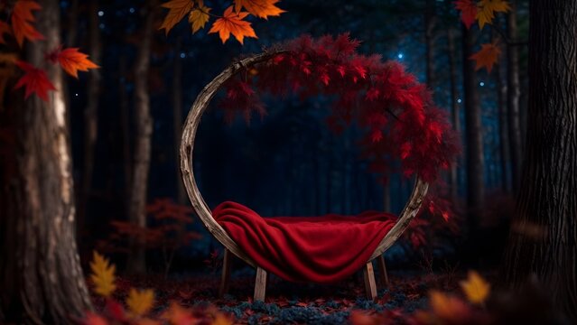 A digital image of a bed in a forest with red leaves , newborn digital  backdrop