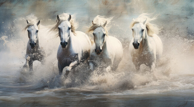 Brown, grey, black and white horses running on the water  beach , against the background soft sunset light. 