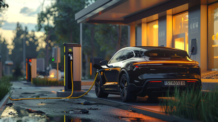A digital rendering of an electric car charging at a UHD charging station, highlighting advancements in sustainable mobility