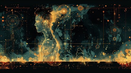 A digital illustration of a human figure in a meditative pose surrounded by intricate patterns and symbols representing each element with lines of energy connecting them all