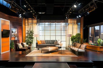 A talk show set adorned with sleek furniture and modern decor, where business leaders gather to exchange ideas and perspectives on economic issues and market trends, Generative AI
