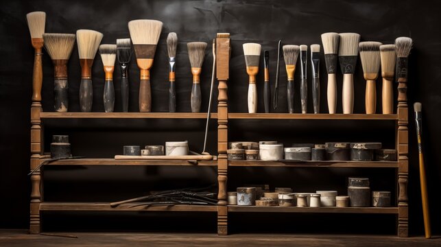 The rack stores brushes for cleaning equipment and art supplies, keeping them organized and easily accessible for various tasks.
