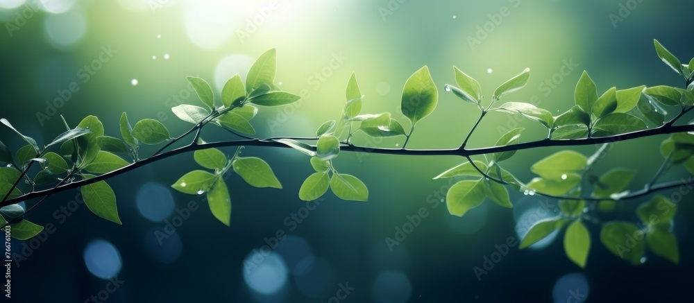 Poster the sunlight is filtering through the green leaves of a tree branch, creating a beautiful natural la