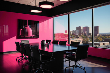 A bright and dynamic meeting room with bold magenta walls, sleek black furniture, and large windows providing panoramic views of the surrounding city.