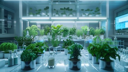 A futuristic agricultural lab with minimalist equipment and advanced genetic engineering tools for crop development 