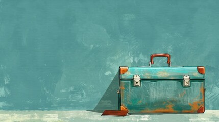 Vintage Blue Briefcase with Brown Corners on Distressed Teal Background