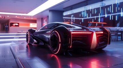 A futuristic car design is presented in a virtual showroom - obrazy, fototapety, plakaty