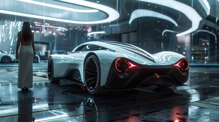 A futuristic car design is presented in a virtual showroom