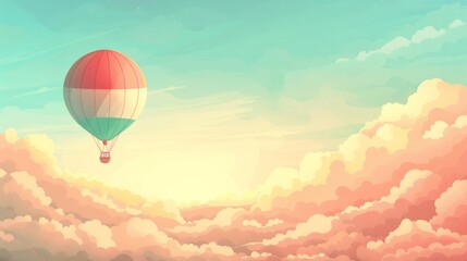 Fototapeta premium Pastel Hot Air Balloon Soaring over Fluffy Orange Clouds at Dawn 