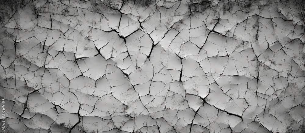 Poster capture of a black and white image featuring a wall with prominent cracks and fractures running thro