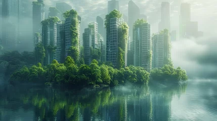 Deurstickers A futuristic city skyline with green buildings, renewable energy sources, and clean air © Media Srock