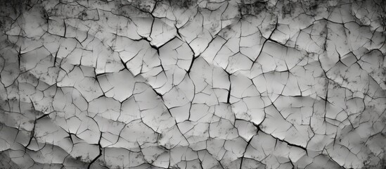Capture of a black and white image featuring a wall with prominent cracks and fractures running through it