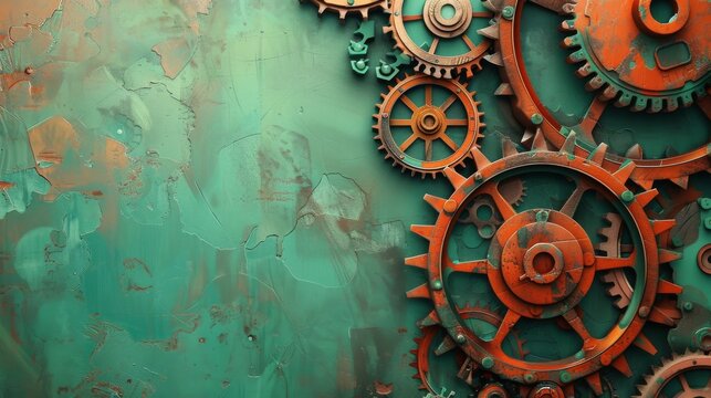 Rusty Steampunk Gears and Cogs Background with Teal Textures