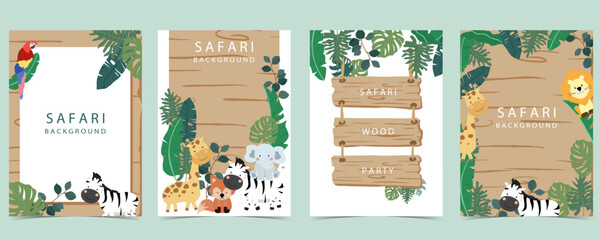 Naklejka premium safari banner with giraffe,elephant,zebra,fox and leaf frame.vector illustration for a4 design
