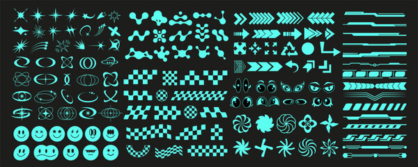 Neon y2k trippy rave decoration set graphic, cyber geometry acid element collection, retro abstract 90s symbol, modern techno y2k shape vector, geometric blue groovy icon aesthetic