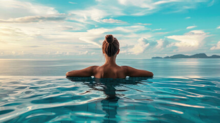 Fototapeta na wymiar A beautiful young woman in a pool with a stunning mesmerizing ocean view