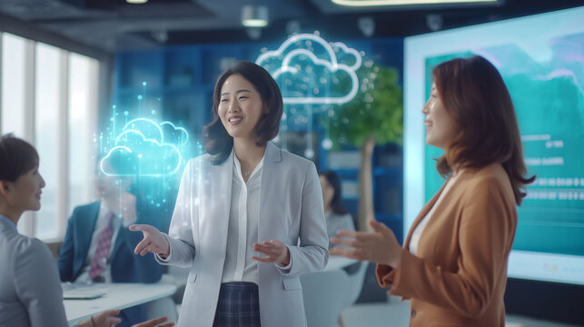 A diverse two businesswomen standing in a server room, looking at a large virtual screen with a cloud computing graphic overlay