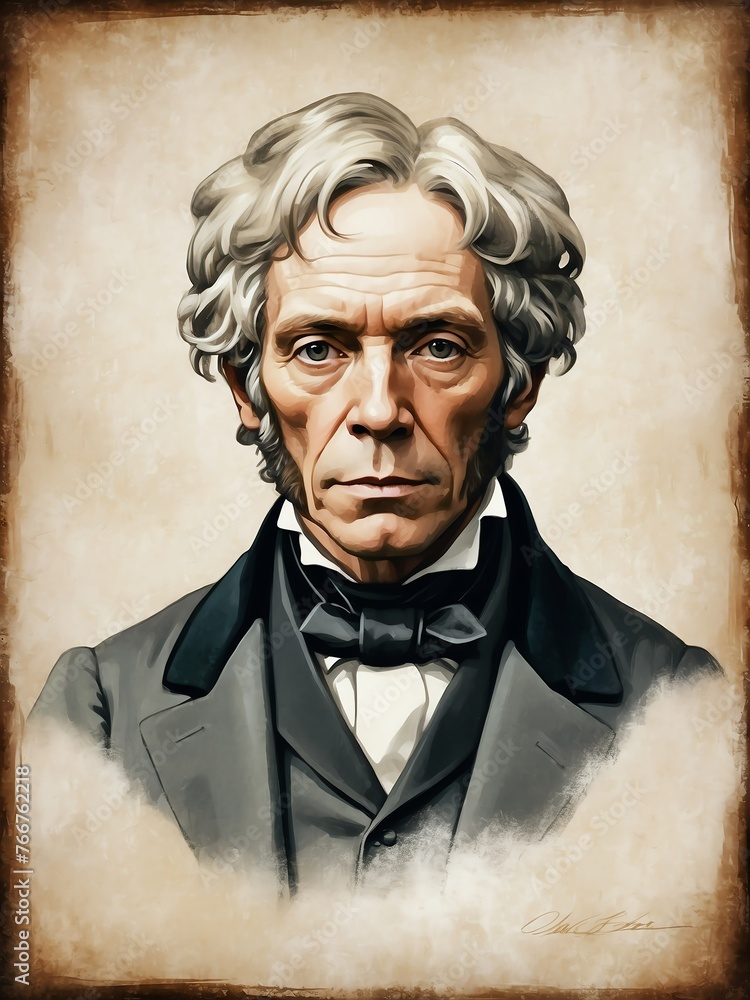 Poster portrait of michael faraday art oil on canvas medieval painting illustration grainy grunge texture f