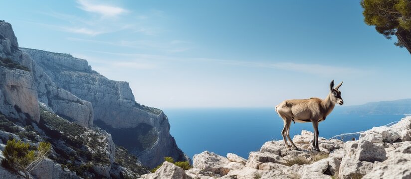 Cute wild goat in the rock mountains on a bright sunny day with nature landscape view