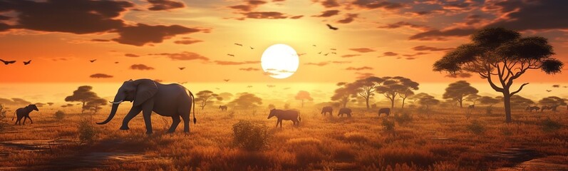 Fototapeta na wymiar African savannah with elephants at sunset - panoramic view.