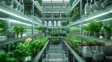 A futuristic hydroponic lab with minimalist equipment and high - tech nutrient solutions for plant cultivation experiments