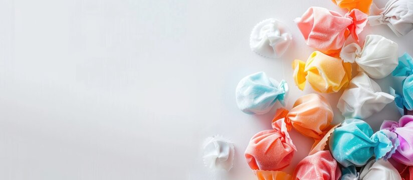 Colorful salt water taffy on a white backdrop with space for text. A close-up shot with a very blurry background.