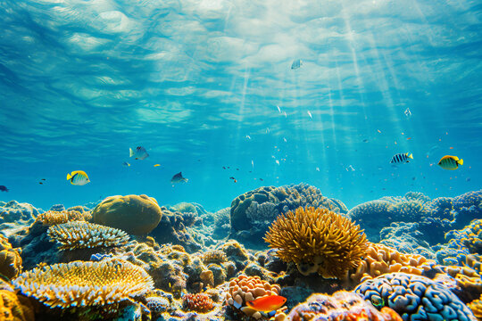 Photo coral reef with fish blue sea underwater scene