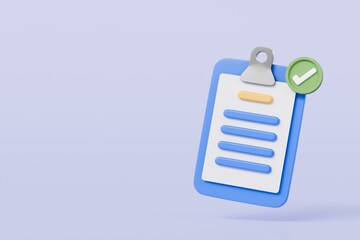 3D Blue Clipboard with blank paper notes and check marks icon symbol. Confirmed or approved document checklist done icon. Cartoon minimal style on isolated purple background 3d rendering illustration.
