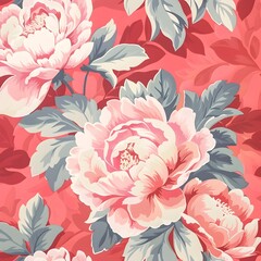 Vibrant Peony Floral Pattern with Soft Gray Leaves on Coral Pink Background
