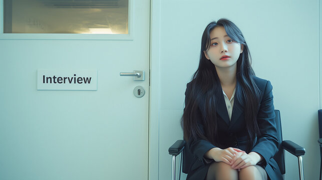  A young woman with long black hair wearing a  dark suit,She is waiting for people inside sending an invitation sign with an worried expression