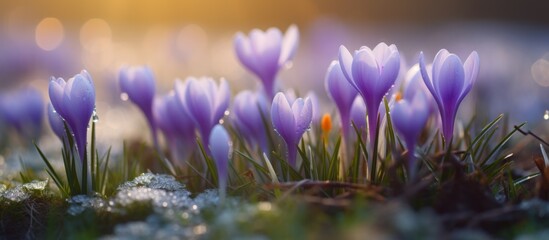 A variety of purple flowers such as snow crocus, spring crocus, tommie crocus, cretan crocus, and violets are blooming in the grass, creating a beautiful natural landscape - obrazy, fototapety, plakaty