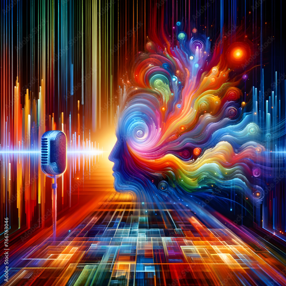 Poster an abstract depiction of the concept of voice-to-text recognition, visualized through a vivid explos