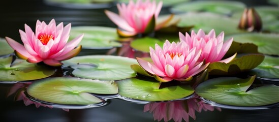 A cluster of pink water lilies peacefully float on the surface of a pond, showcasing the beauty of aquatic plants in a natural setting