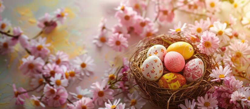 Easter-themed image featuring decorated eggs nestled in a nest alongside spring flowers, set against a background with room for text. Flat lay composition.