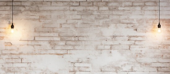 A white brick wall featuring a pattern of beige bricks, with two light bulbs suspended from the...